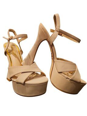 Beige Platform High Heels With Cross-Strap Design & Adjustable Ankle Strap All M
